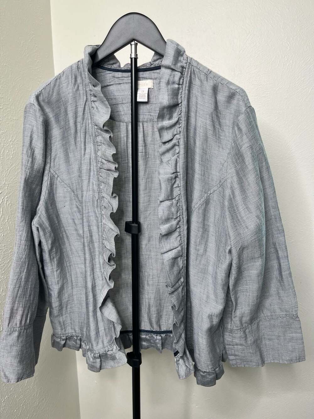 Coastal Blue & White Striped Linen Blend Ruffle Blazer Jacket